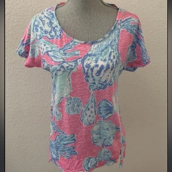 Lilly Pulitzer Mikela Pink Pout Barefoot Princess Blue Shells 100%Linen Shirt XS - Picture 4 of 15